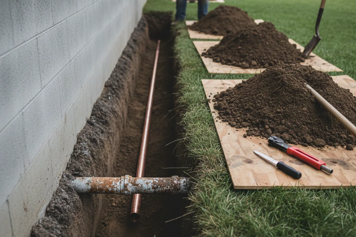 Excavated water line trench during Sewer Line Repair in Presto